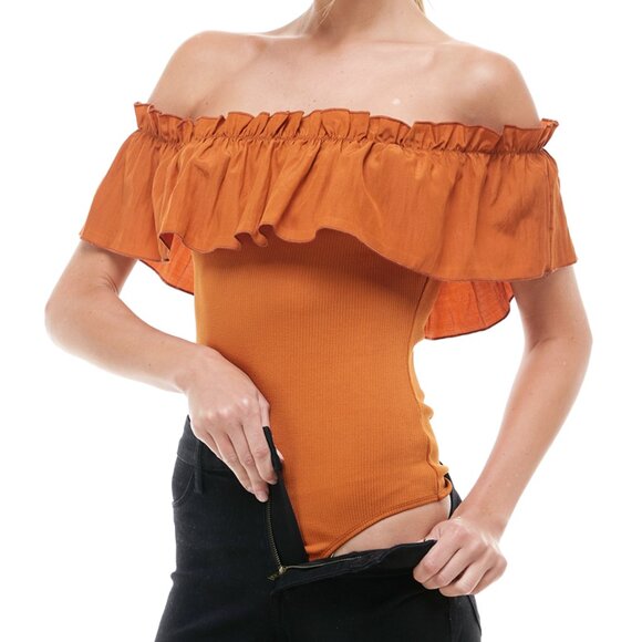 NWOT | TCEC Ruffle Off Shoulder Bodysuit – Camel – S – CT7370 - Picture 6 of 9